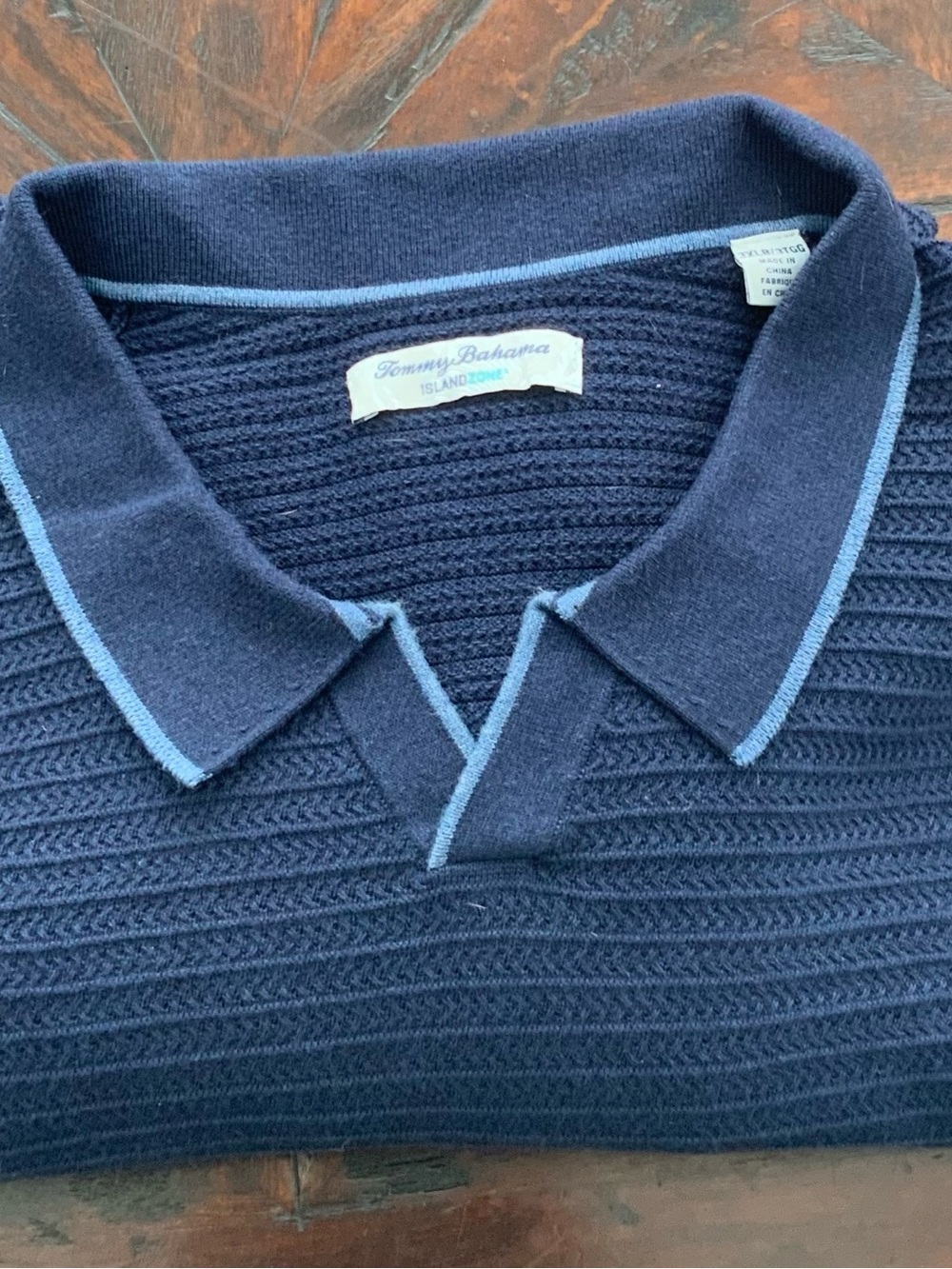 Tommy Bahama Navy V-Neck Knit Sweater with Light Blue Trim
